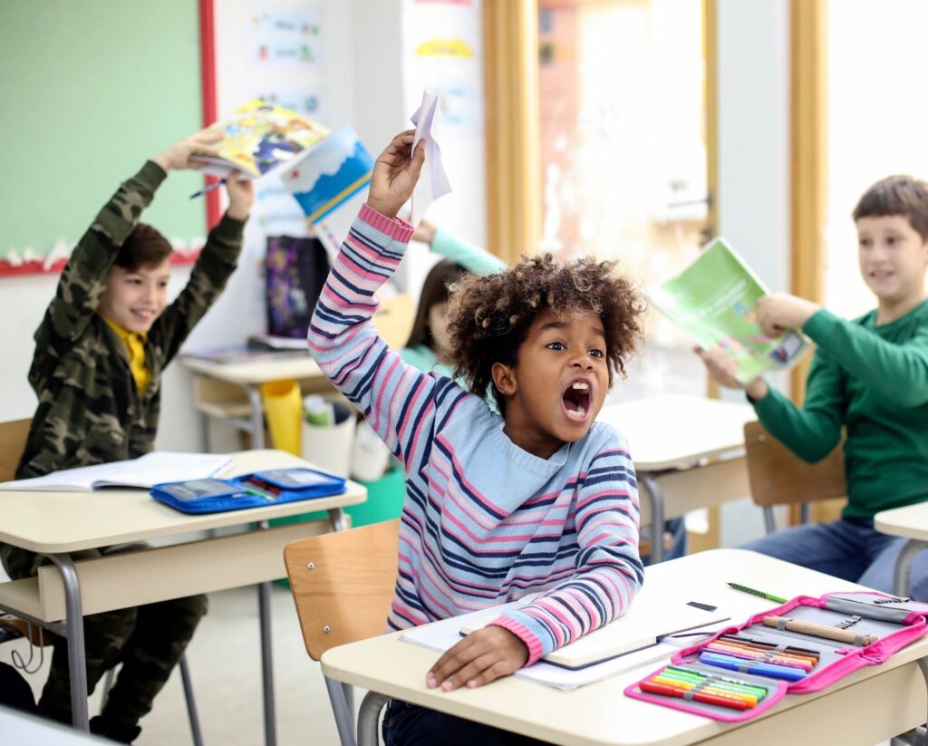 a classroom with students being disruptive