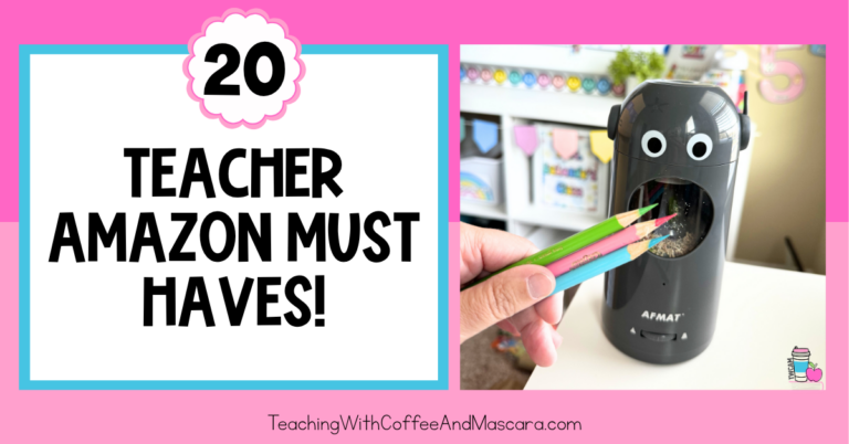 text "20 teacher Amazon must haves" with a mechanical pencil sharpener
