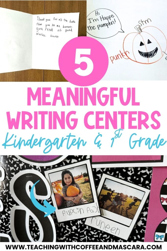 photos with student written captions, a hand written card, and another student writing area