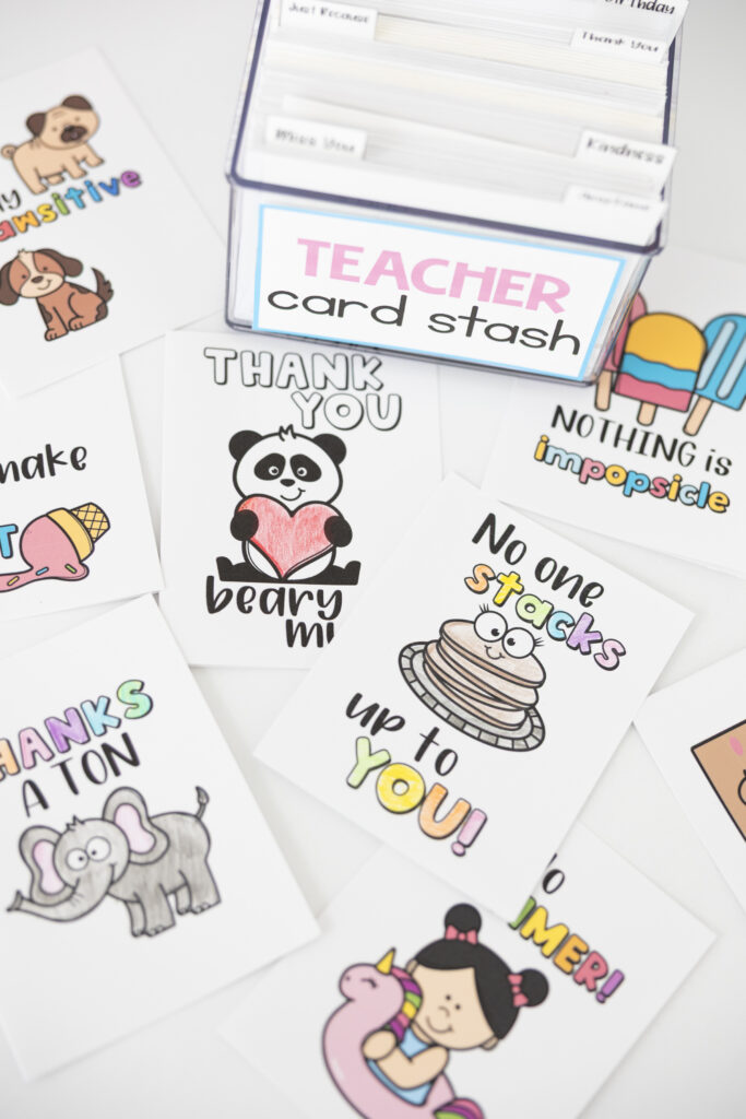 a box of greeting cards that says Teacher card stash with all kinds of greeting cards laying around it
