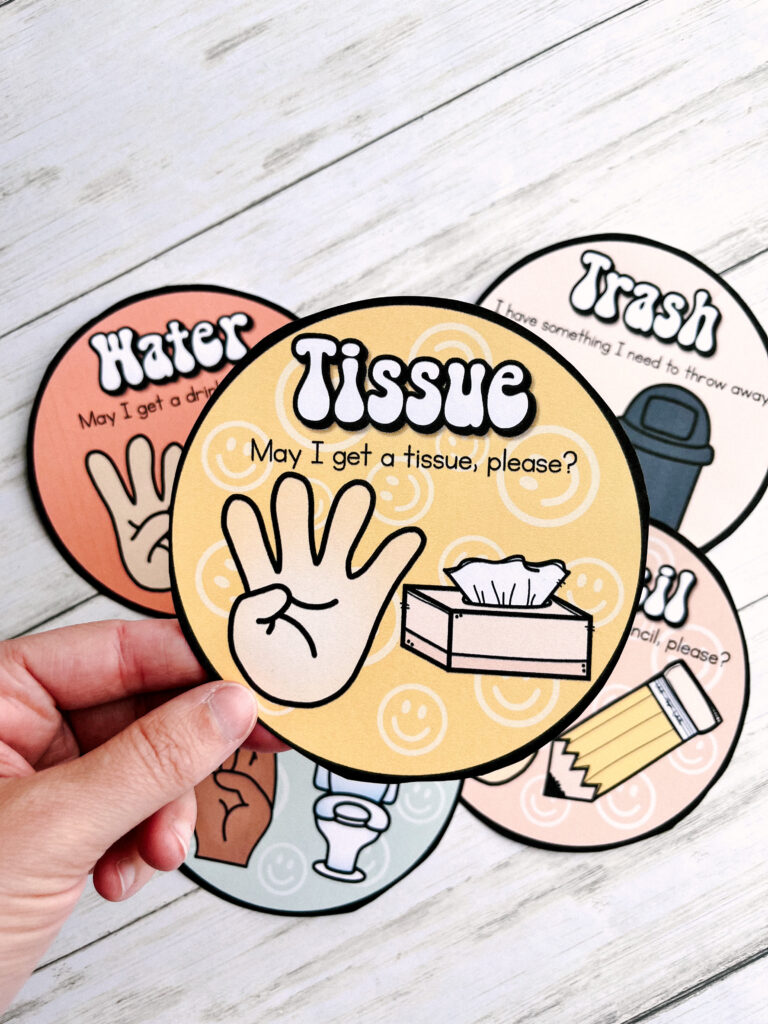 a circle sign with the word tissue and a hand holding up the number 4 with a box of tissues beside it