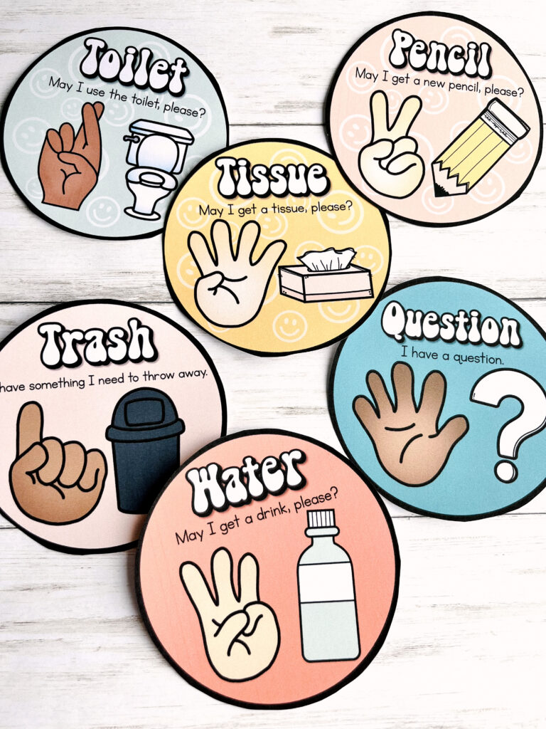 hand signals for classroom management with 5 signs shown