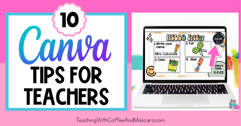 a computer showing a daily slide with a timer on the top next to words that read 10 canva tips for teachers