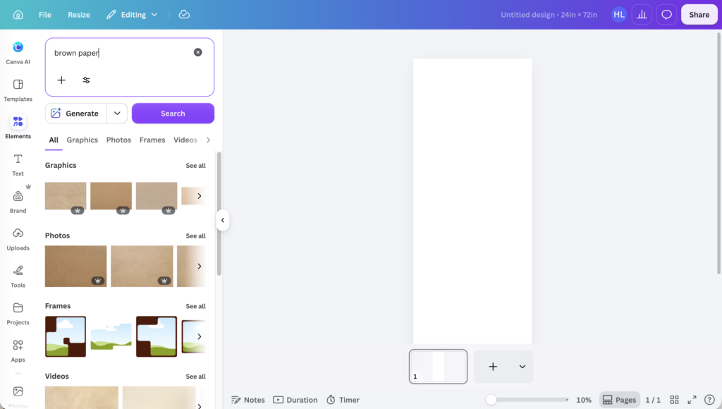Canva interface showing you to click on elements and search brown paper