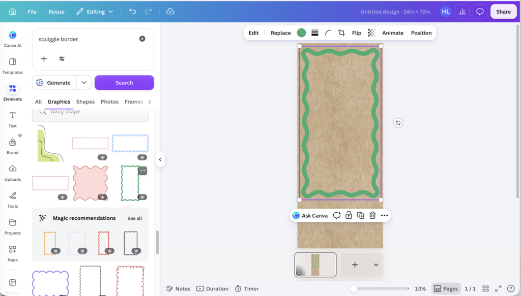 Canva interface showing you to click on elements and search squiggle border
