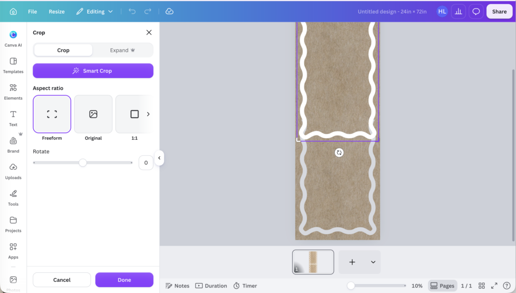 Canva interface showing you to click on crop to shorten both borders and fit them together