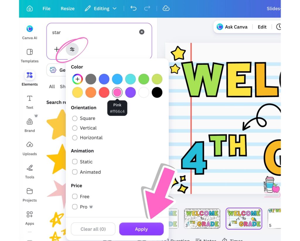 canva hacks to teachers showing the canva interface and clicking in the search bar on the filter button