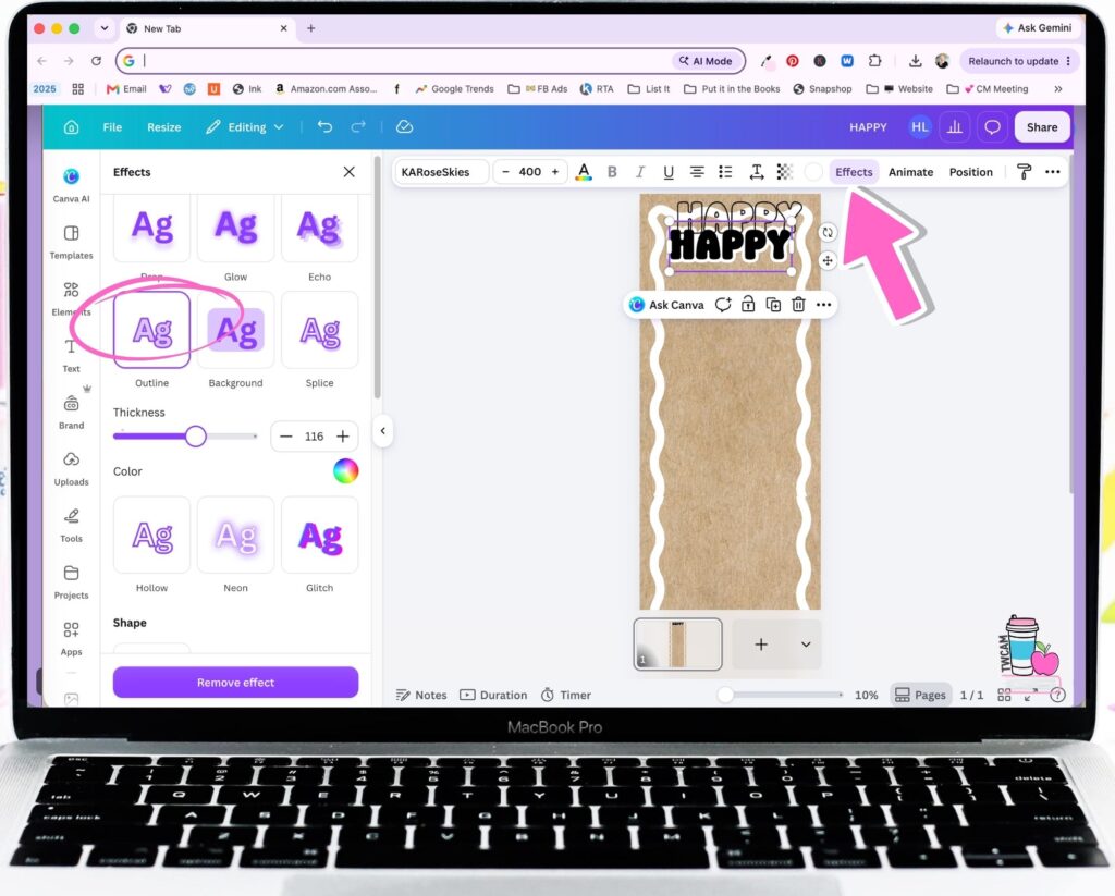 Canva interface showing you to click on effects and choose outline