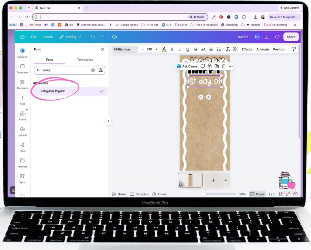 Canva interface showing you to click on text box and add 1st day of