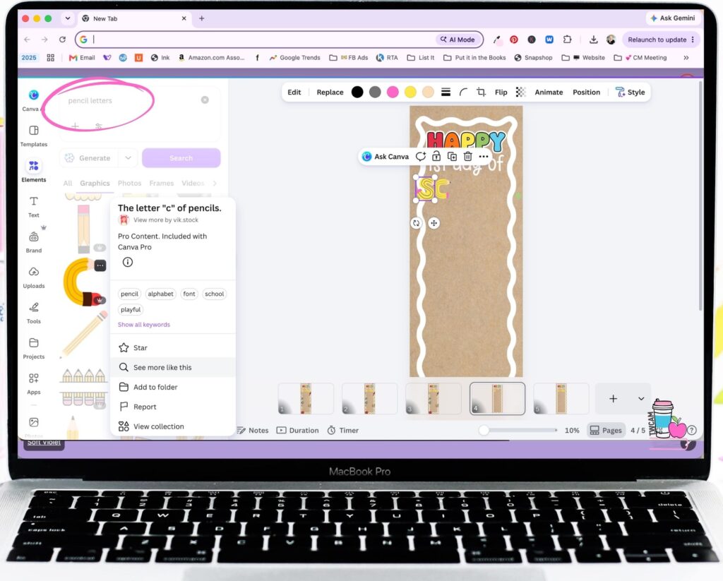 Canva interface showing you to click on elements and search pencil letters