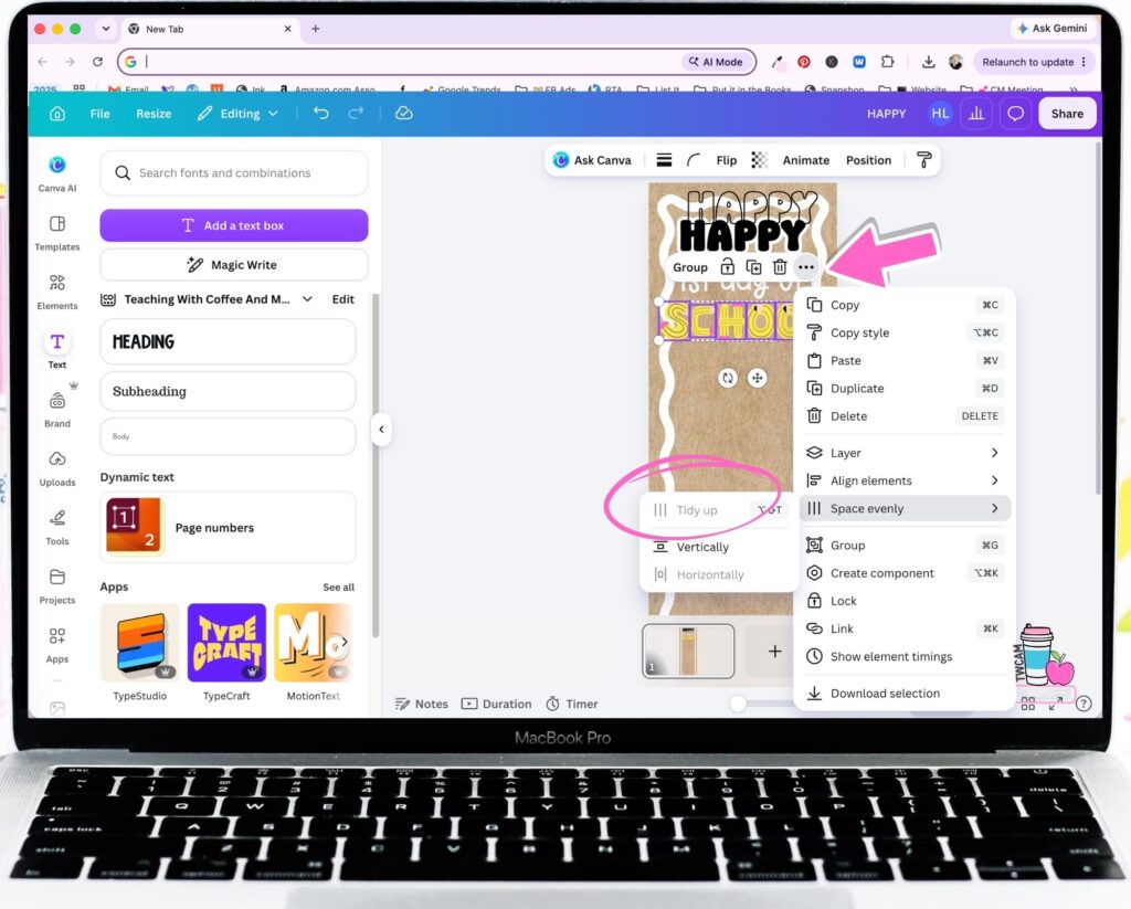 Canva interface showing you to click on the 3 dots to get to space evenly