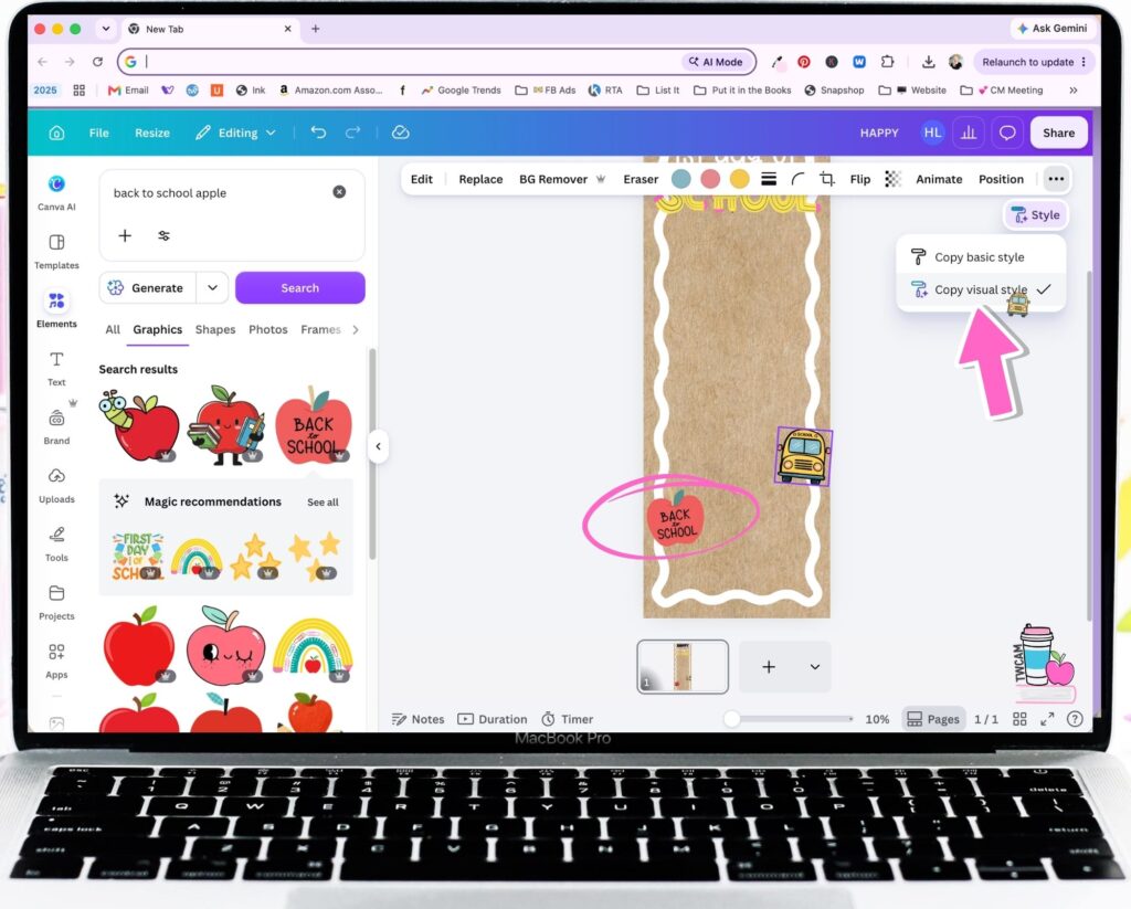 Canva interface showing you to click on the paint brush and choose copy visual style