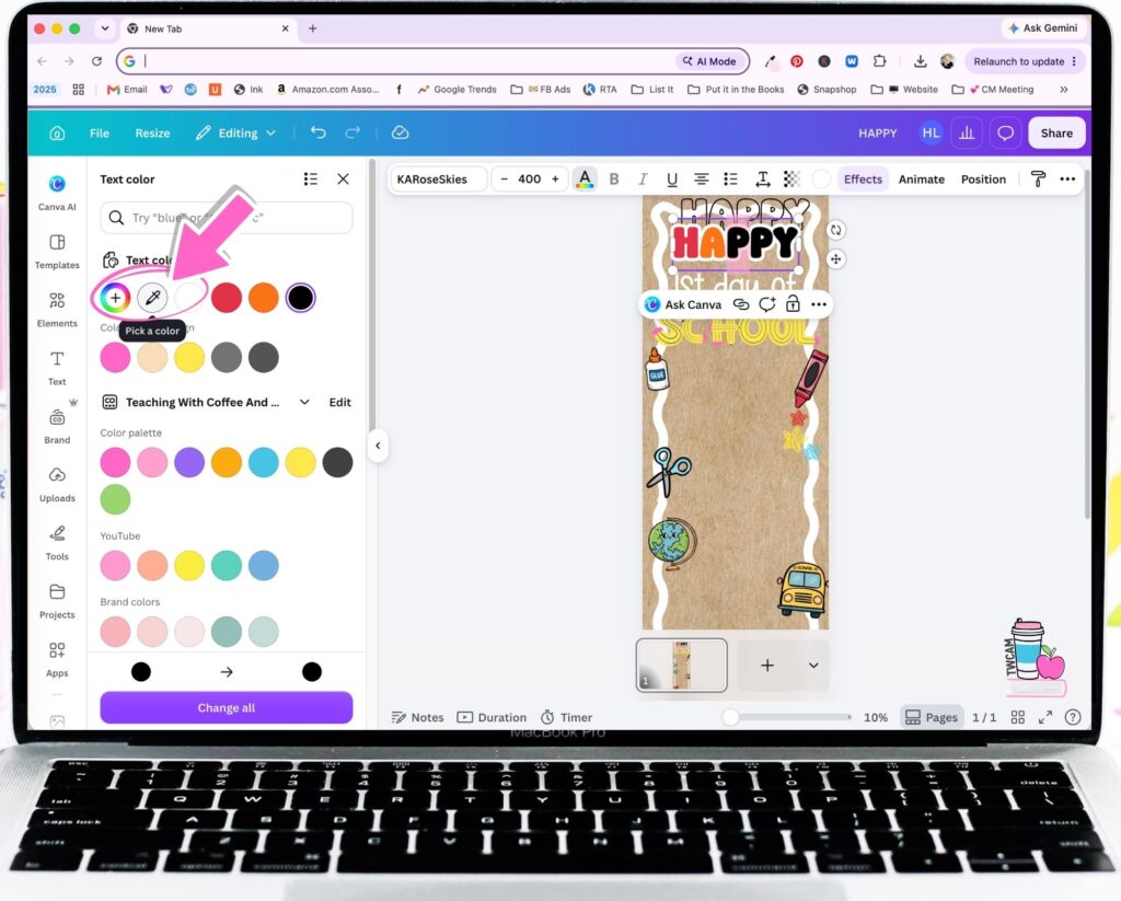 Canva interface showing you to click on the eye dropper tool in the text color box