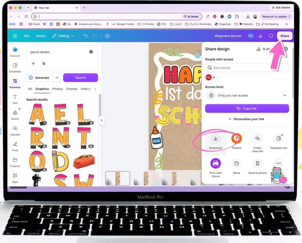 Canva interface showing you to click on share in the top right corner, then download
