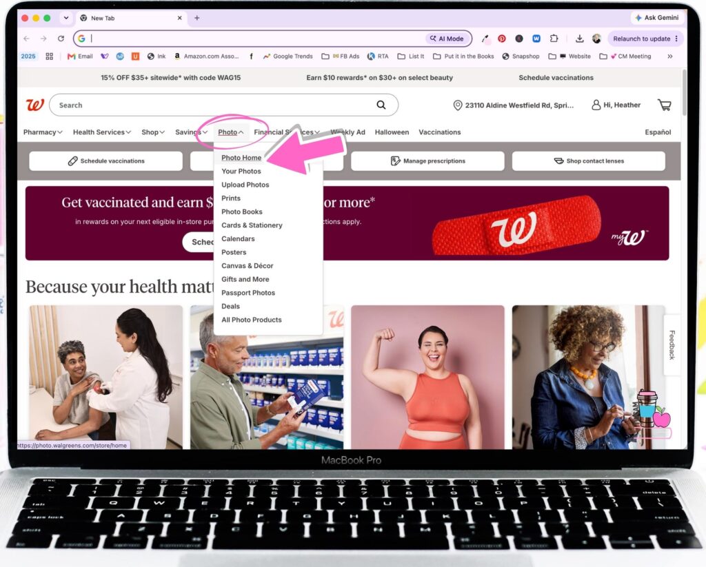 Walgreens interface showing you to click on photo then photo home