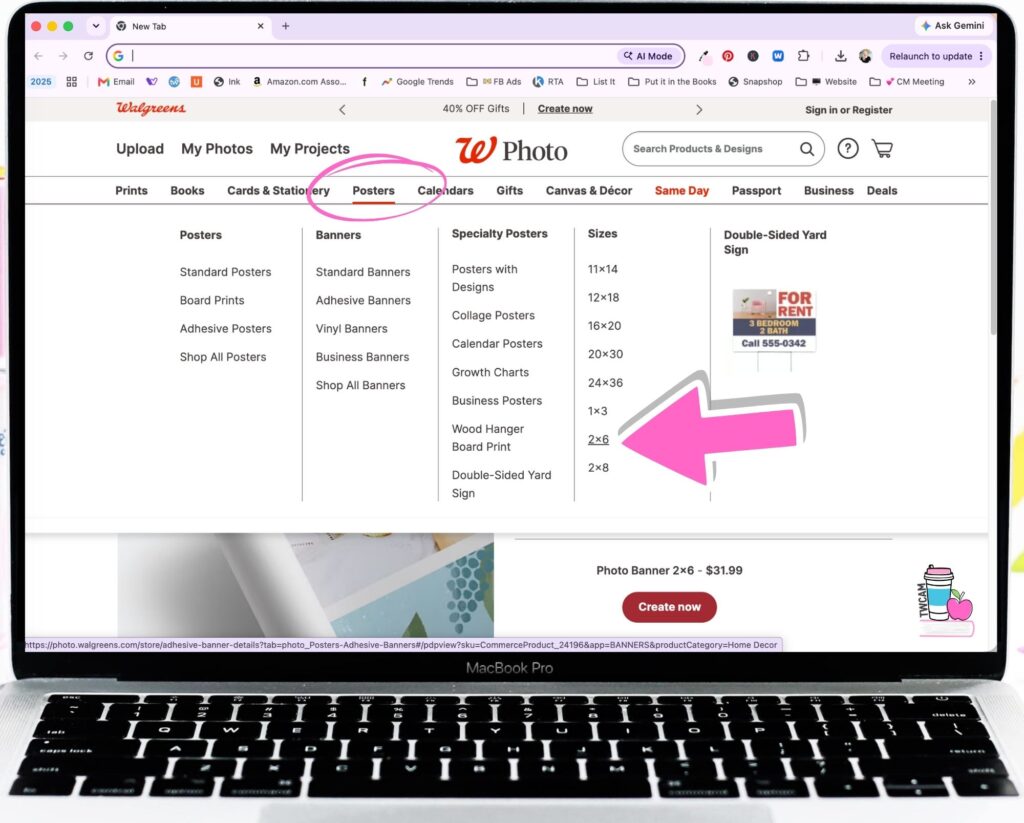 Walgreens interface showing you to click on posters and choose 2X6 to get to the Walgreens Banner