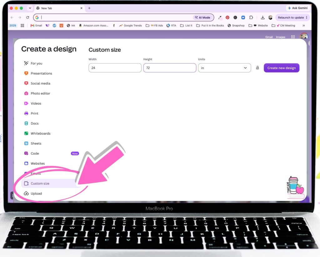 Canva interface showing you to click on Custom size