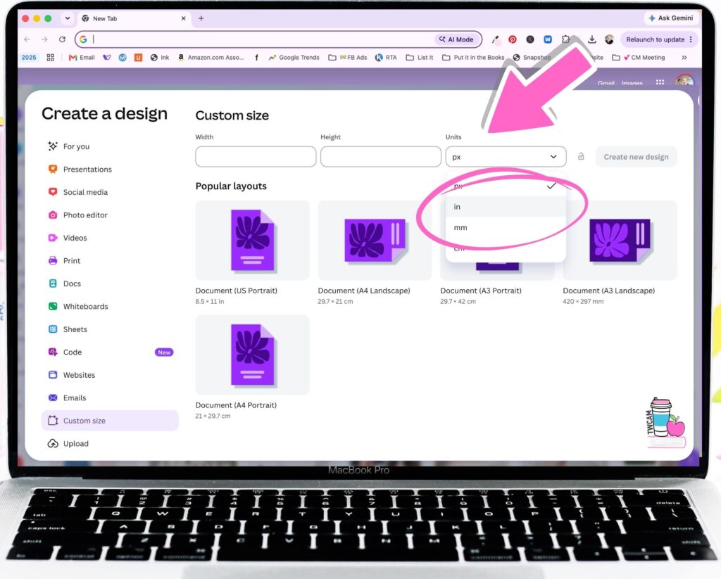 Canva interface showing you to click on units and change it to "in"