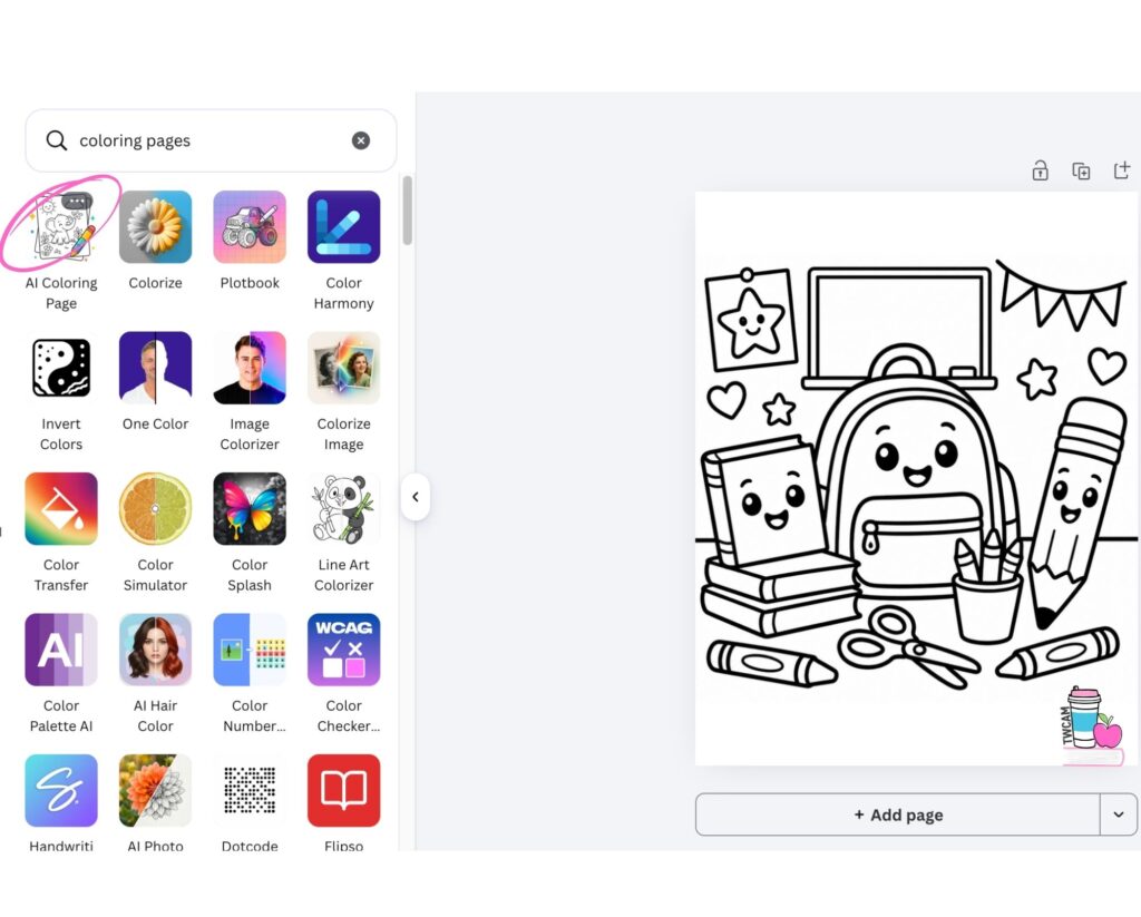 Canva interface showing using the app AI coloring page