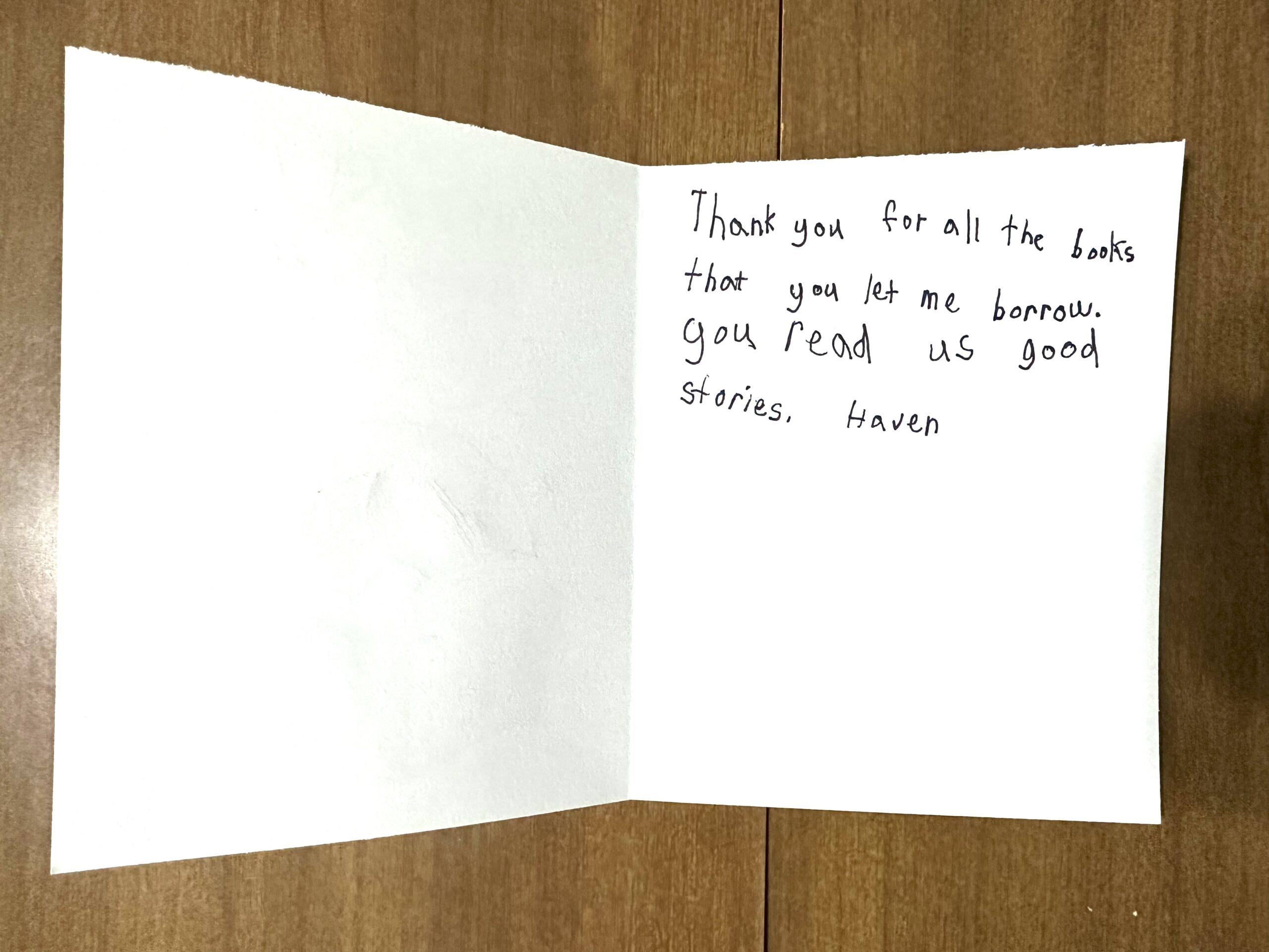 a hand written card by a student