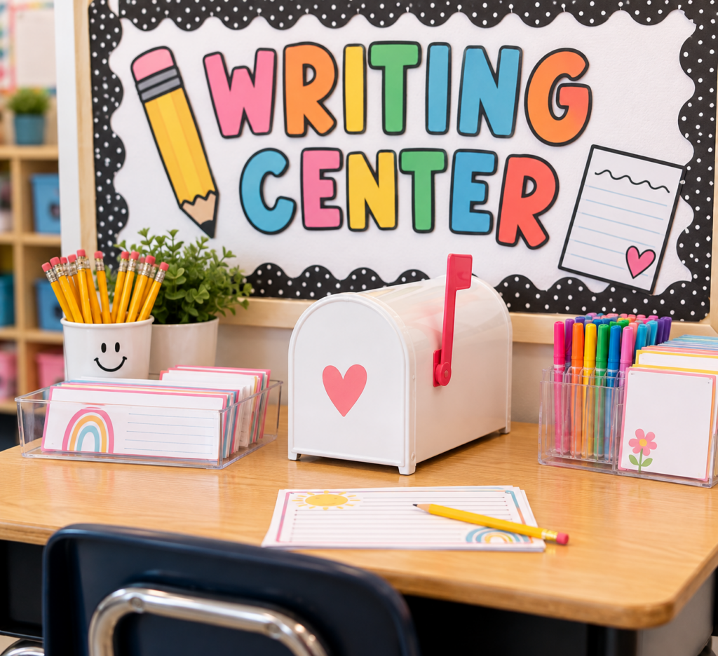 shows a classroom writing center with a mailbox